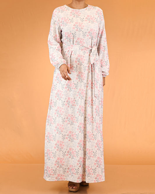 Ivory Blush Floral Belted Maxi Dress