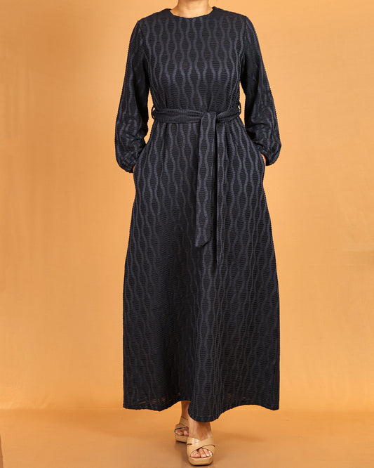 Textured Belted Maxi Dress – Midnight Navy