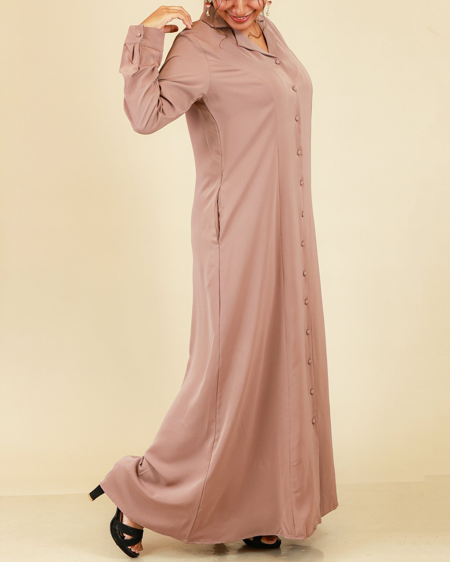 Elara Button Front Abaya in Dusty Rose