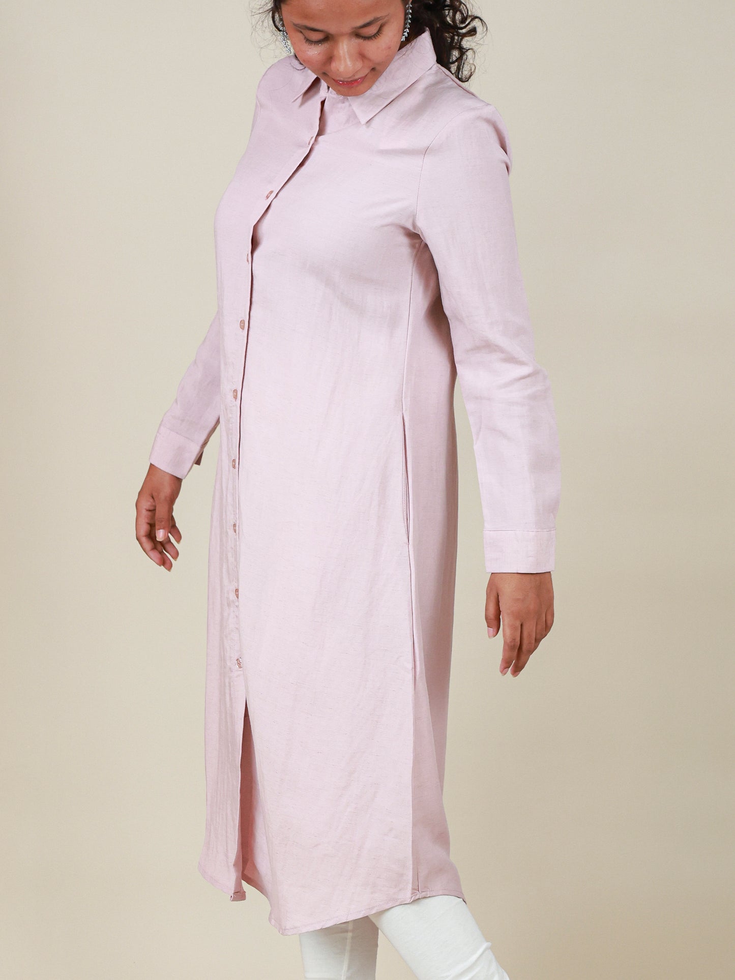Arlette Button Front Shirt Dress in Blush Pink