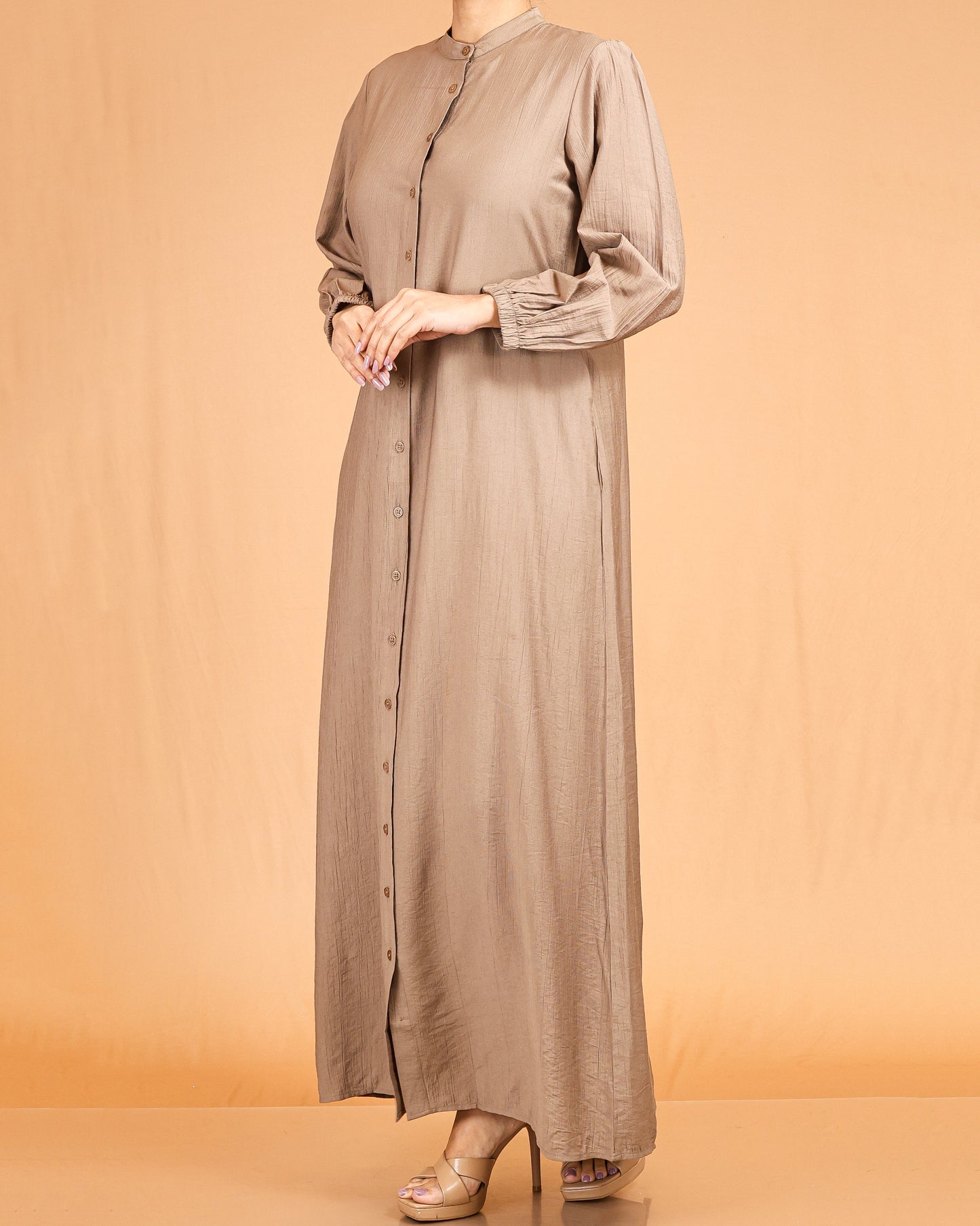 Serene Textured Full-Length Button Maxi – Taupe