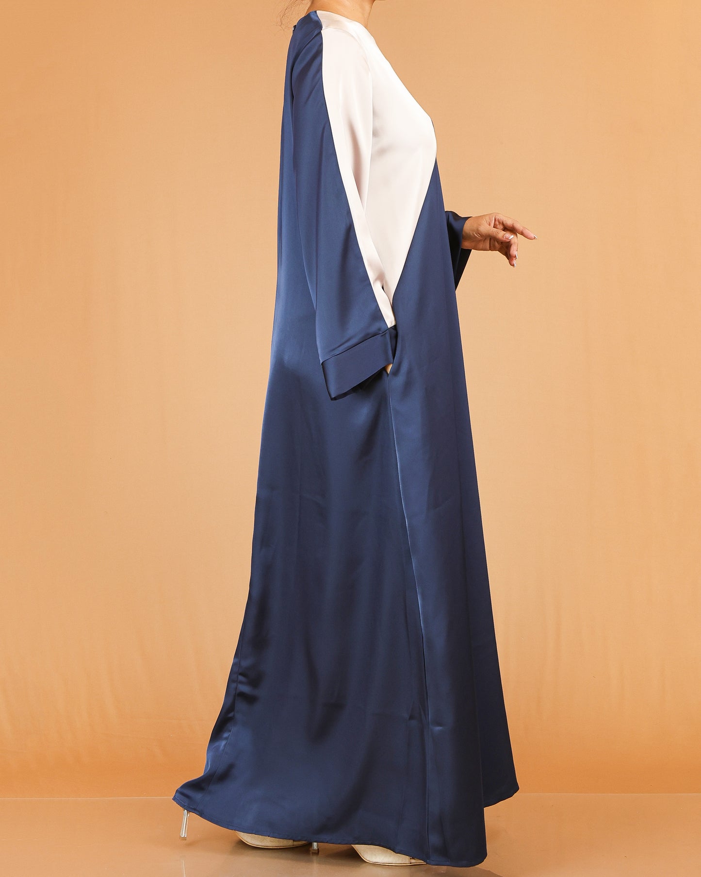 Navy Blue & Beige Asymmetric Panel Abaya with Contrast Sleeve Detail