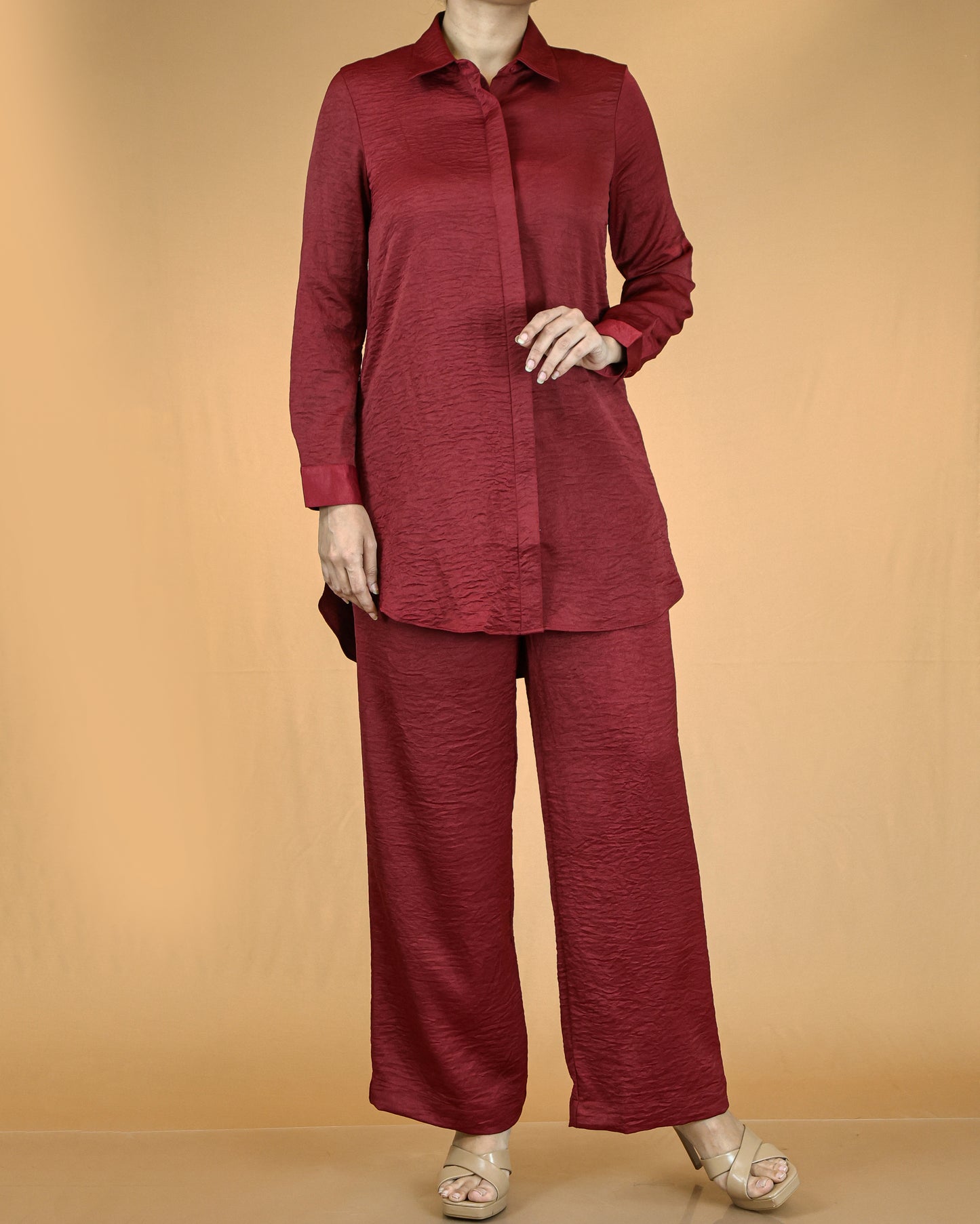 Elegant Long Shirt & Wide-Leg Pant Co-ord Set