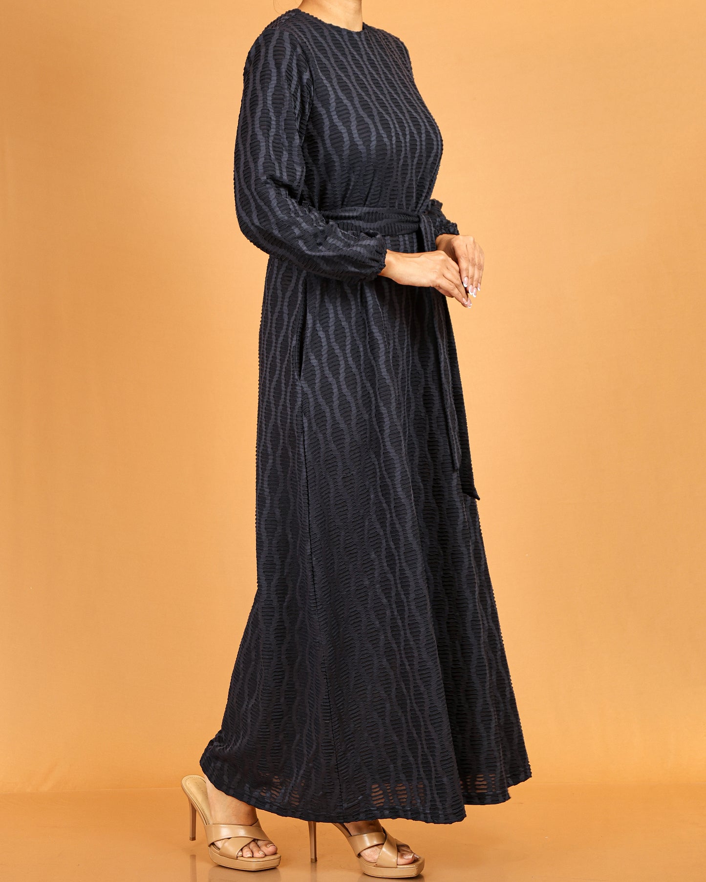 Textured Belted Maxi Dress – Midnight Navy