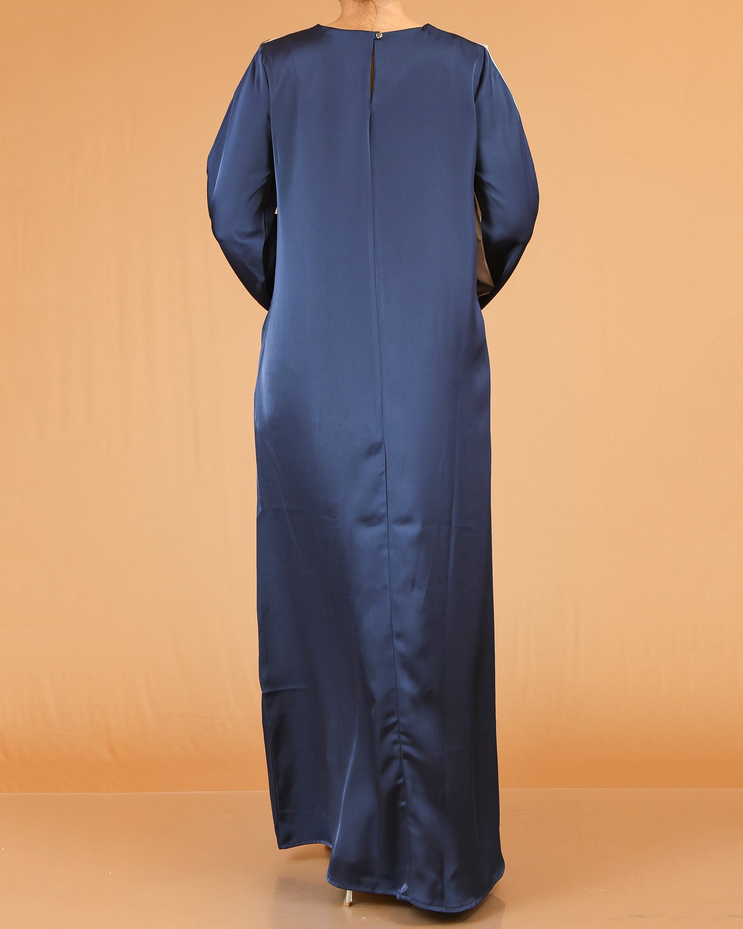 Navy Blue & Beige Asymmetric Panel Abaya with Contrast Sleeve Detail