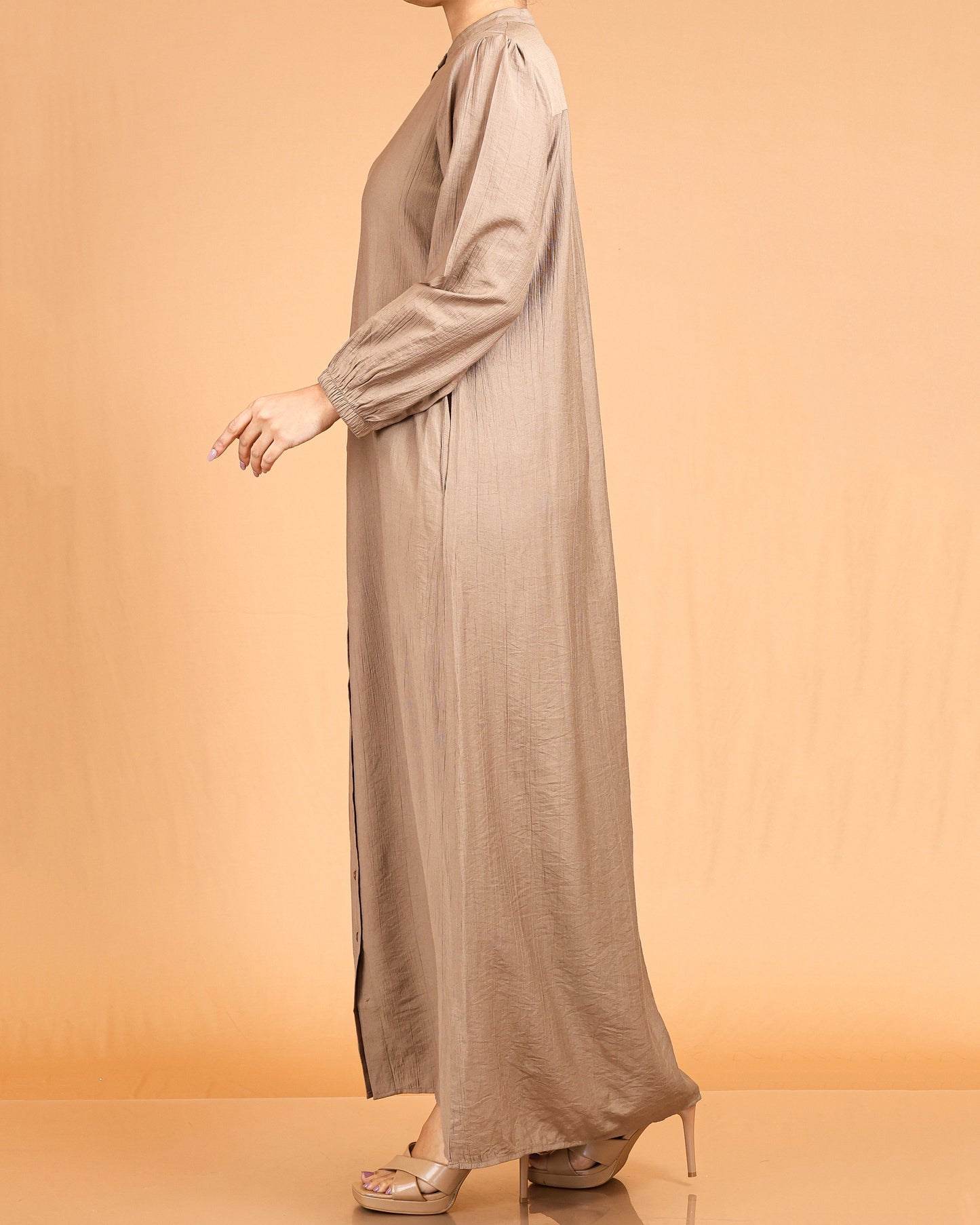 Serene Textured Full-Length Button Maxi – Taupe