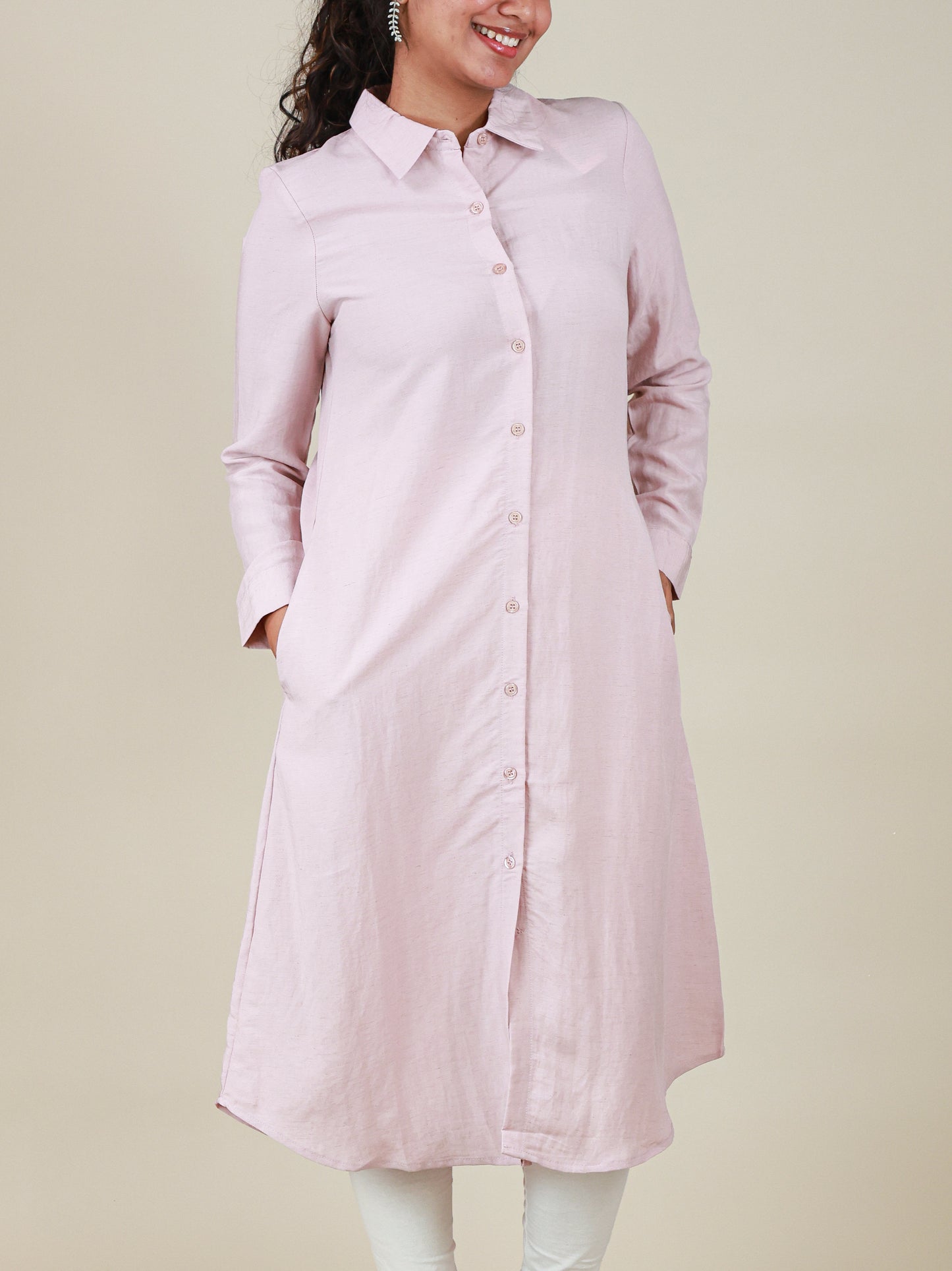 Arlette Button Front Shirt Dress in Blush Pink