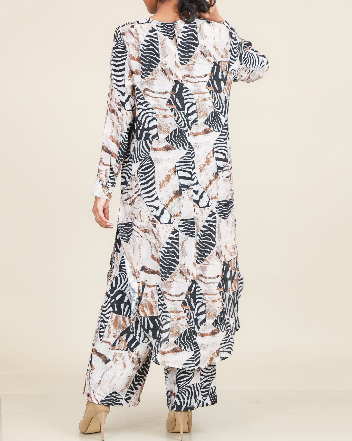 Beige Noir Abstract Printed Co-Ord Set with Flow Silhouette