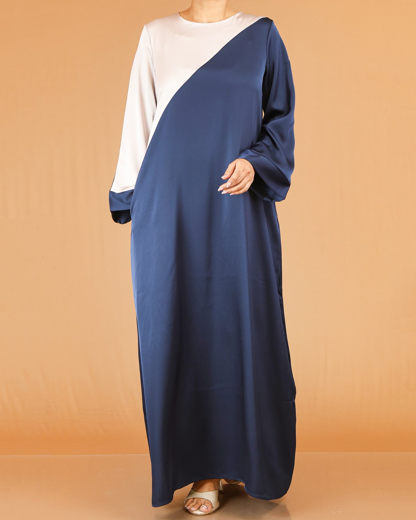 Navy Blue & Beige Asymmetric Panel Abaya with Contrast Sleeve Detail