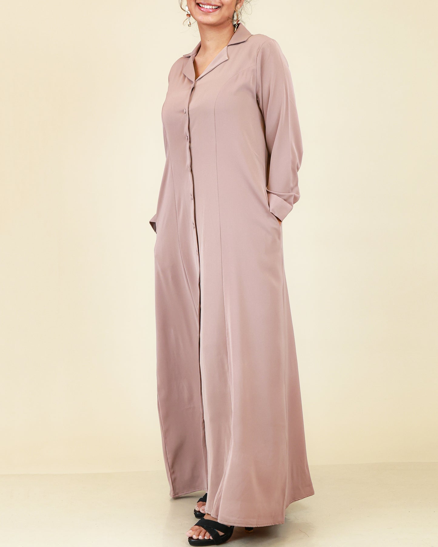 Elara Button Front Abaya in Dusty Rose