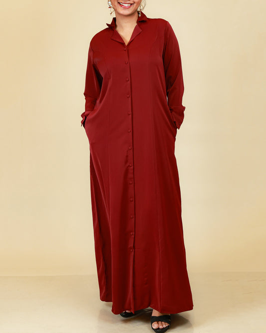 Elara Button Front Abaya in Crimson Red
