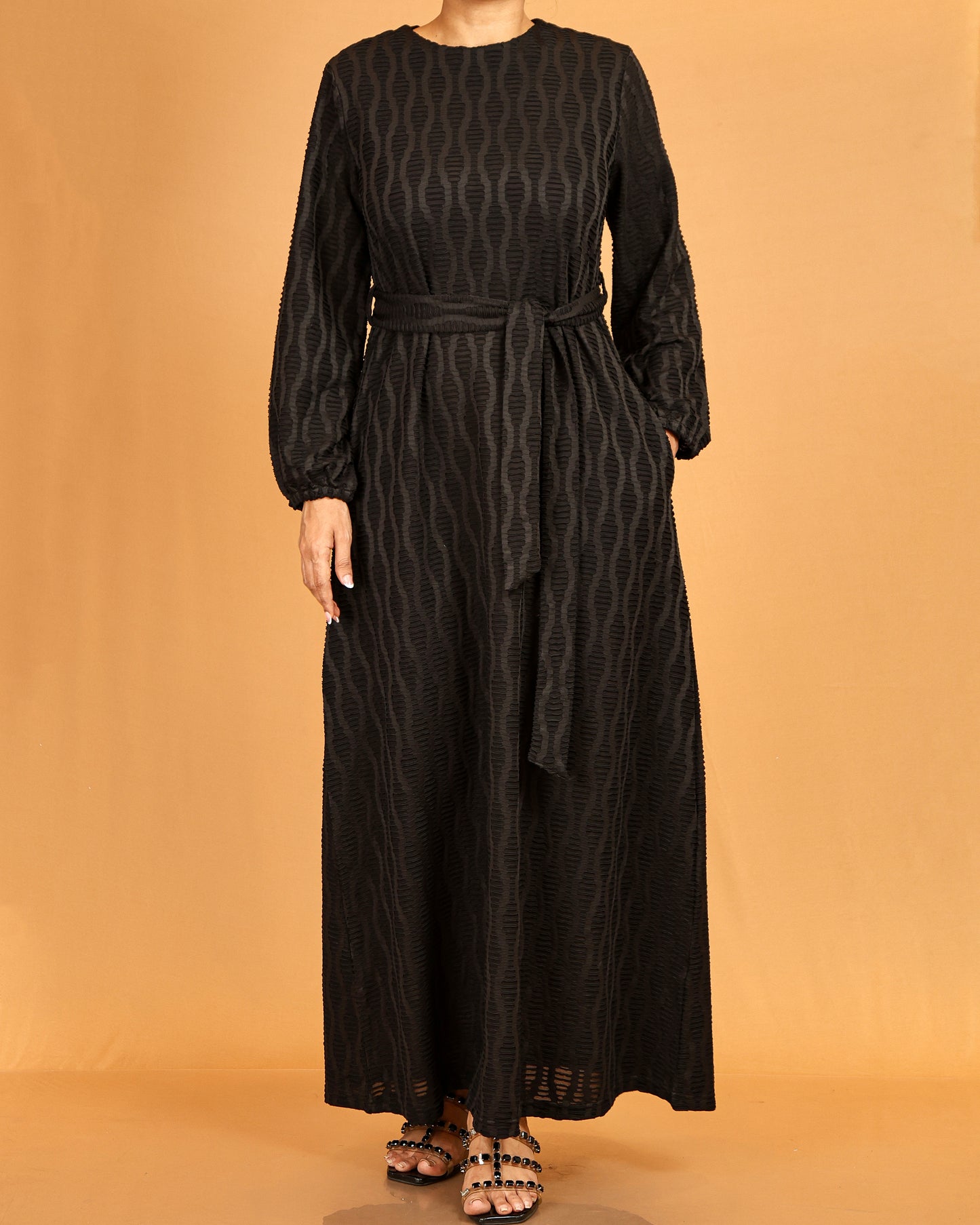 Textured Belted Maxi Dress – Classic Black