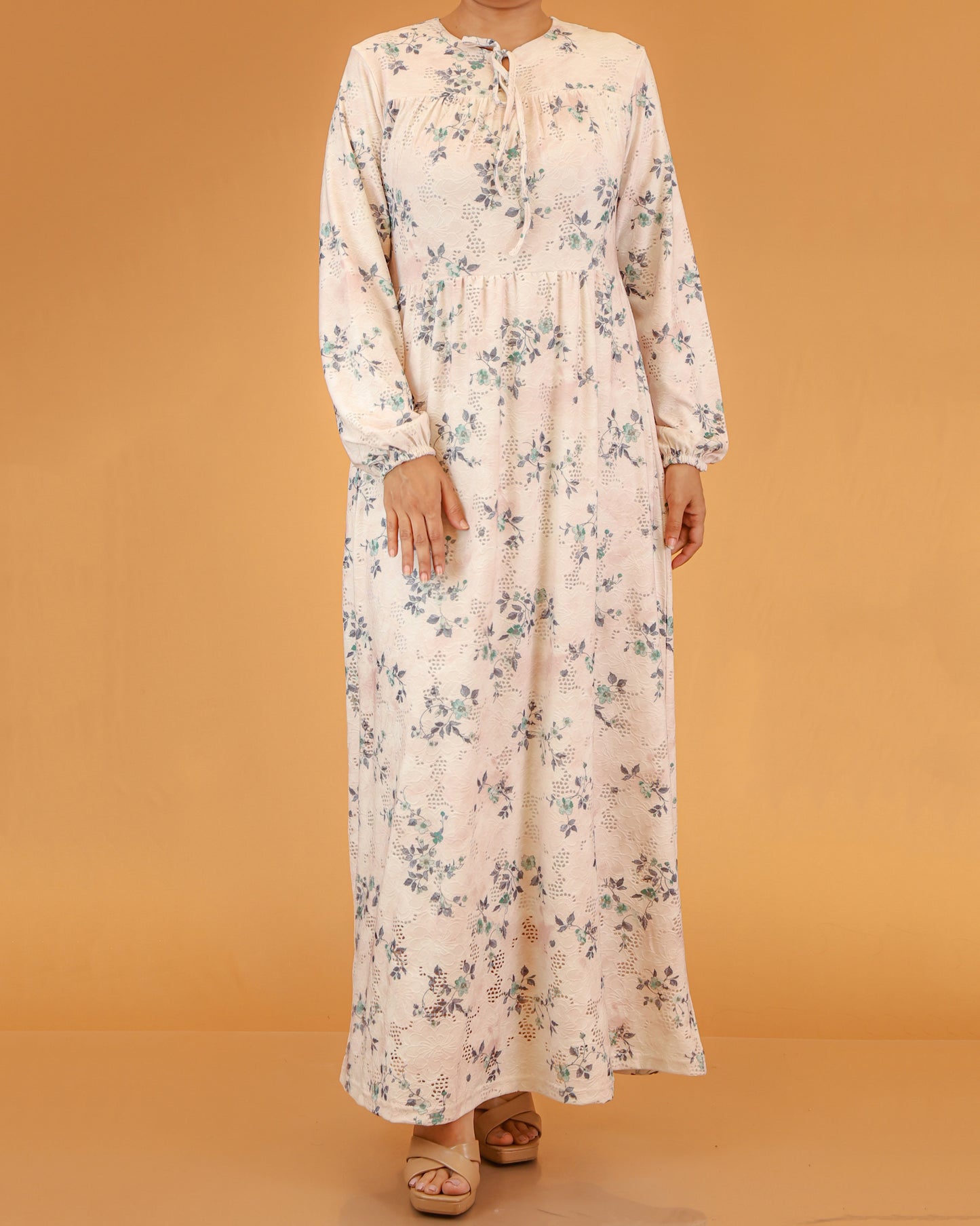 Soft Peach Blue Floral Lace Abaya Maxi Dress
