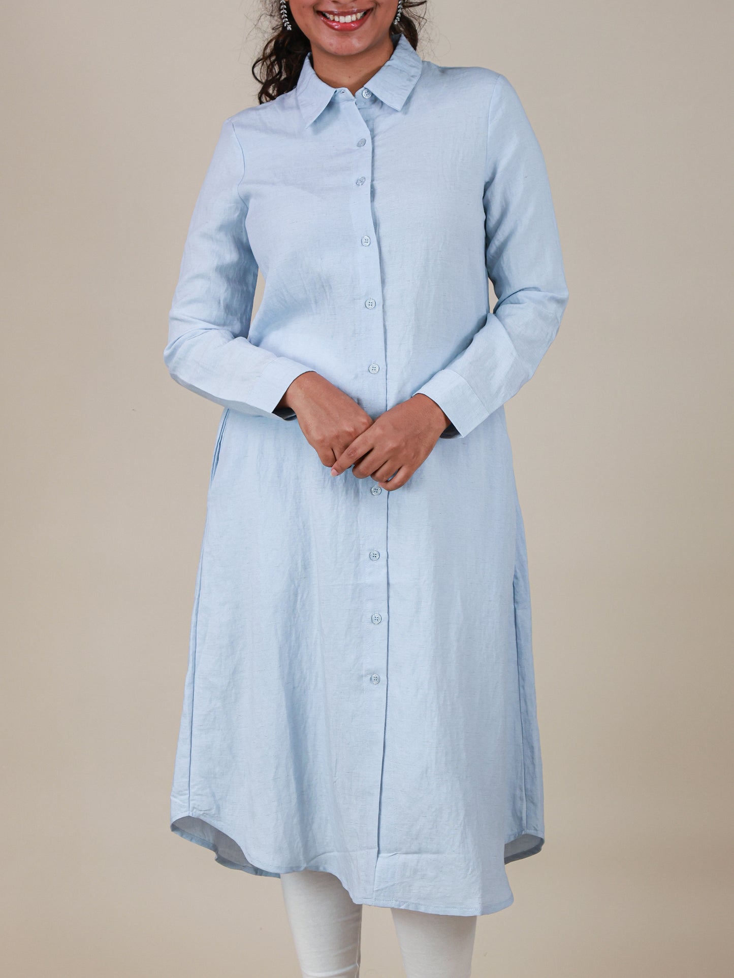 Arlette Button Front Shirt Dress in Powder Blue