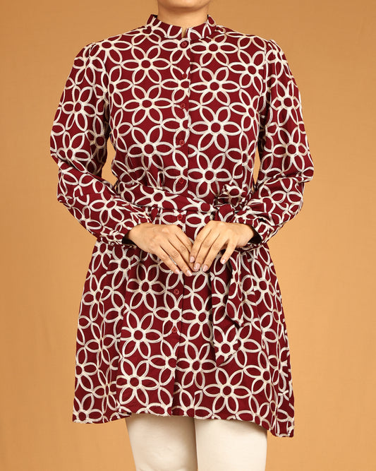 Ruby Crimson Floral Mandarin Shirt Dress with Waist Tie Belt