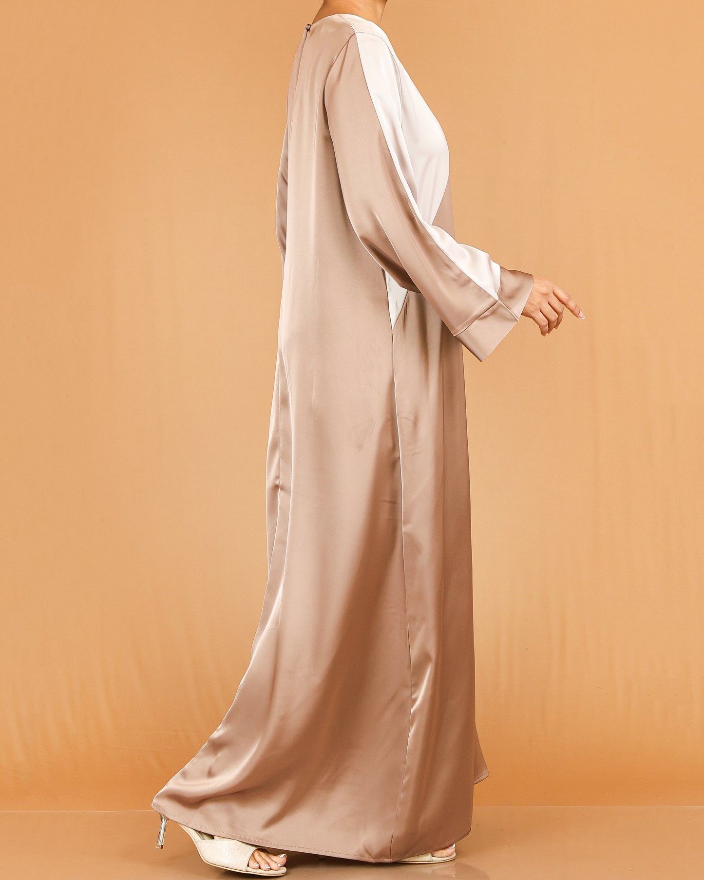 Mocha Brown & Ivory Asymmetric Panel Abaya with Flowy Sleeve Detail