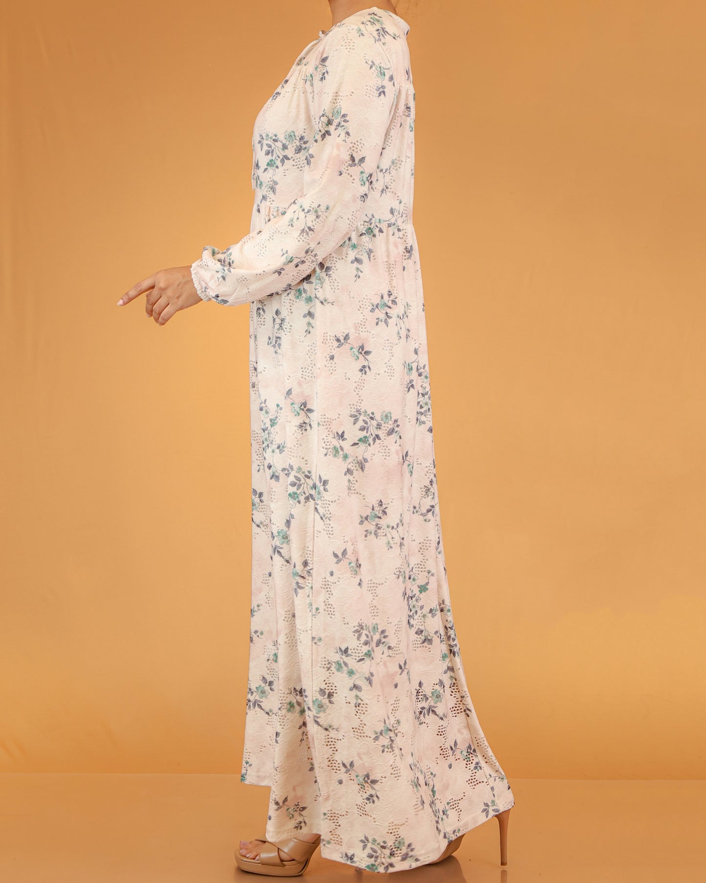 Soft Peach Blue Floral Lace Abaya Maxi Dress