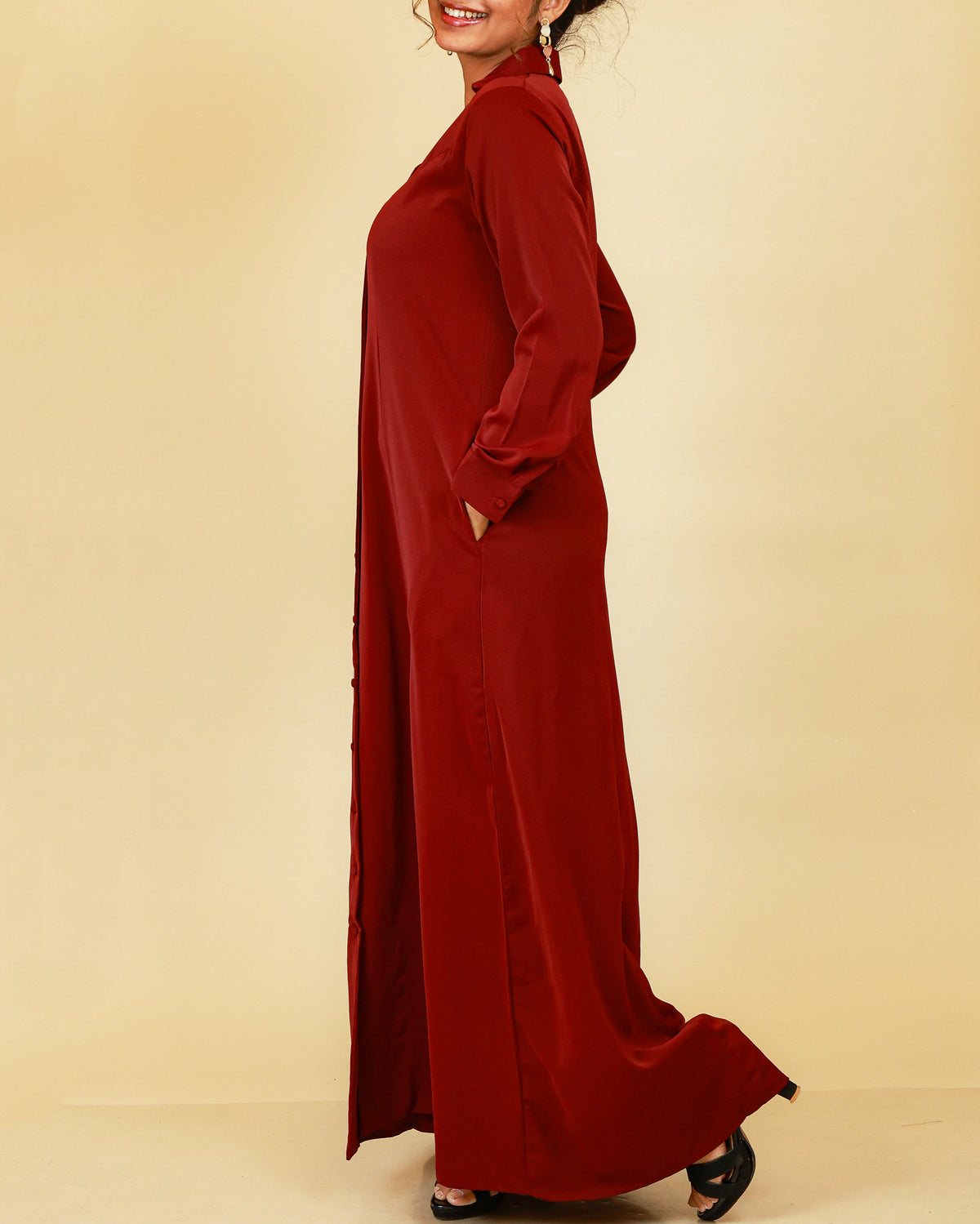 Elara Button Front Abaya in Crimson Red