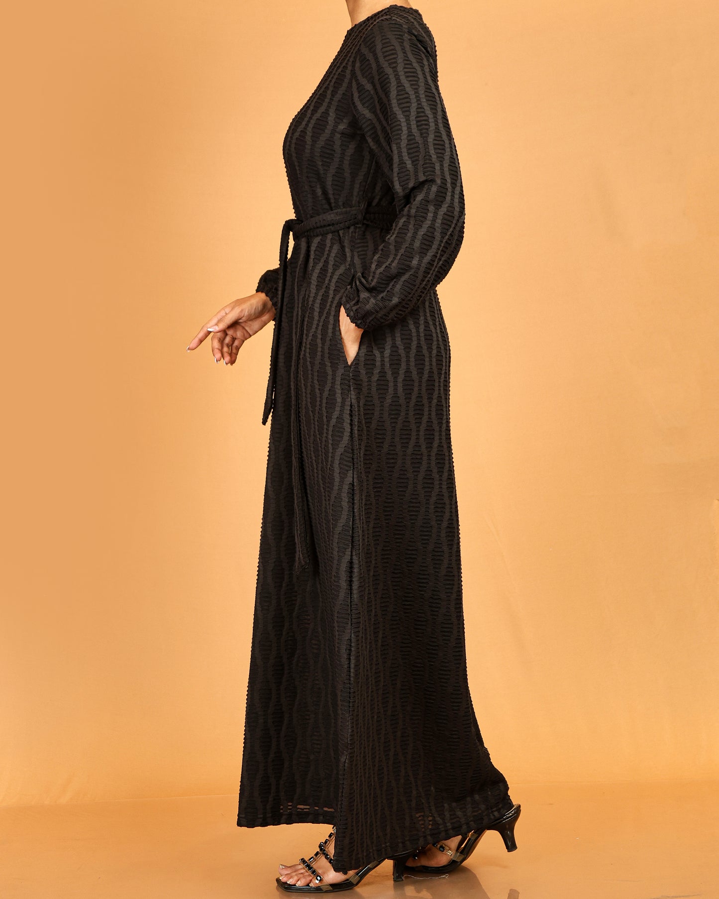 Textured Belted Maxi Dress – Classic Black