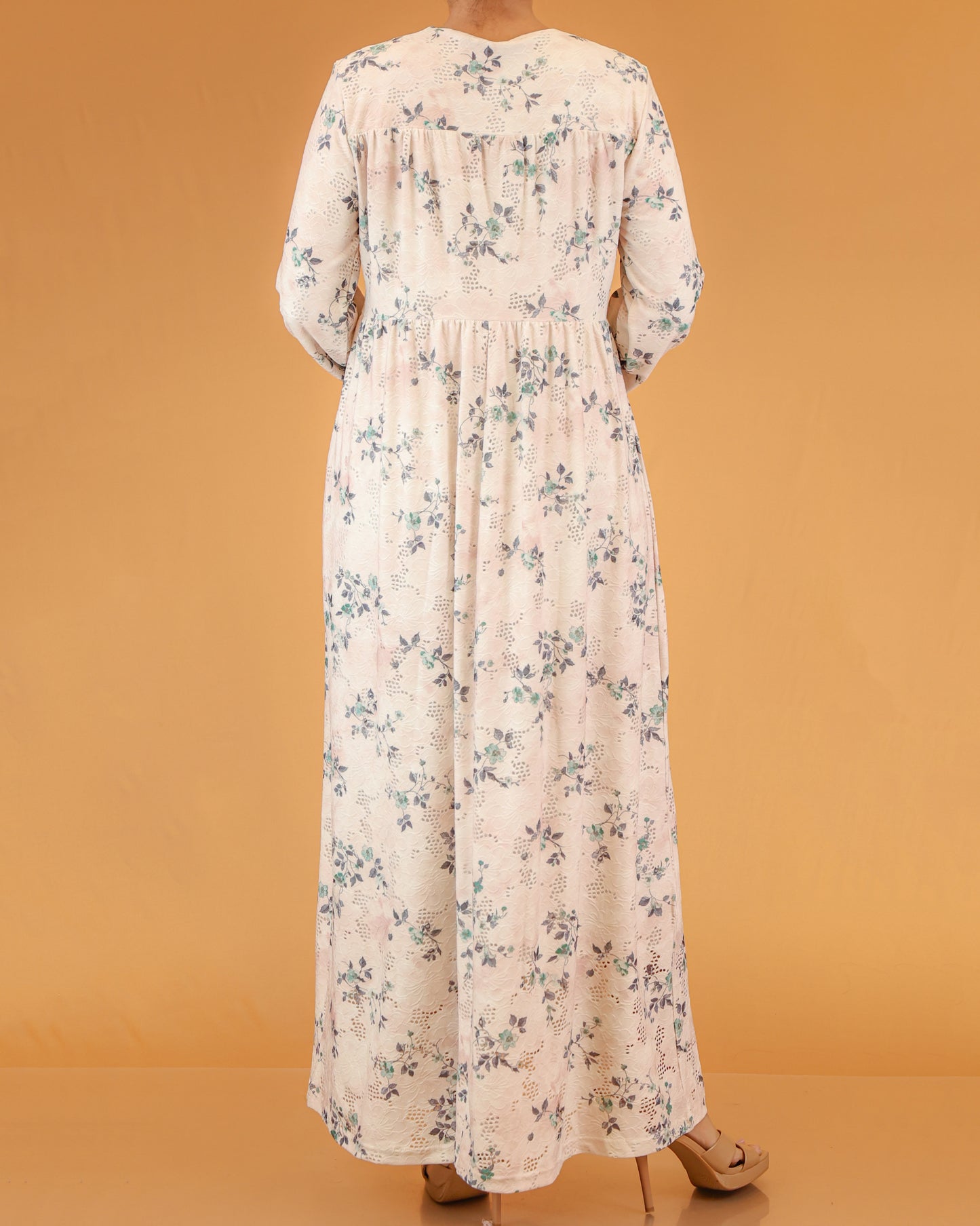 Soft Peach Blue Floral Lace Abaya Maxi Dress