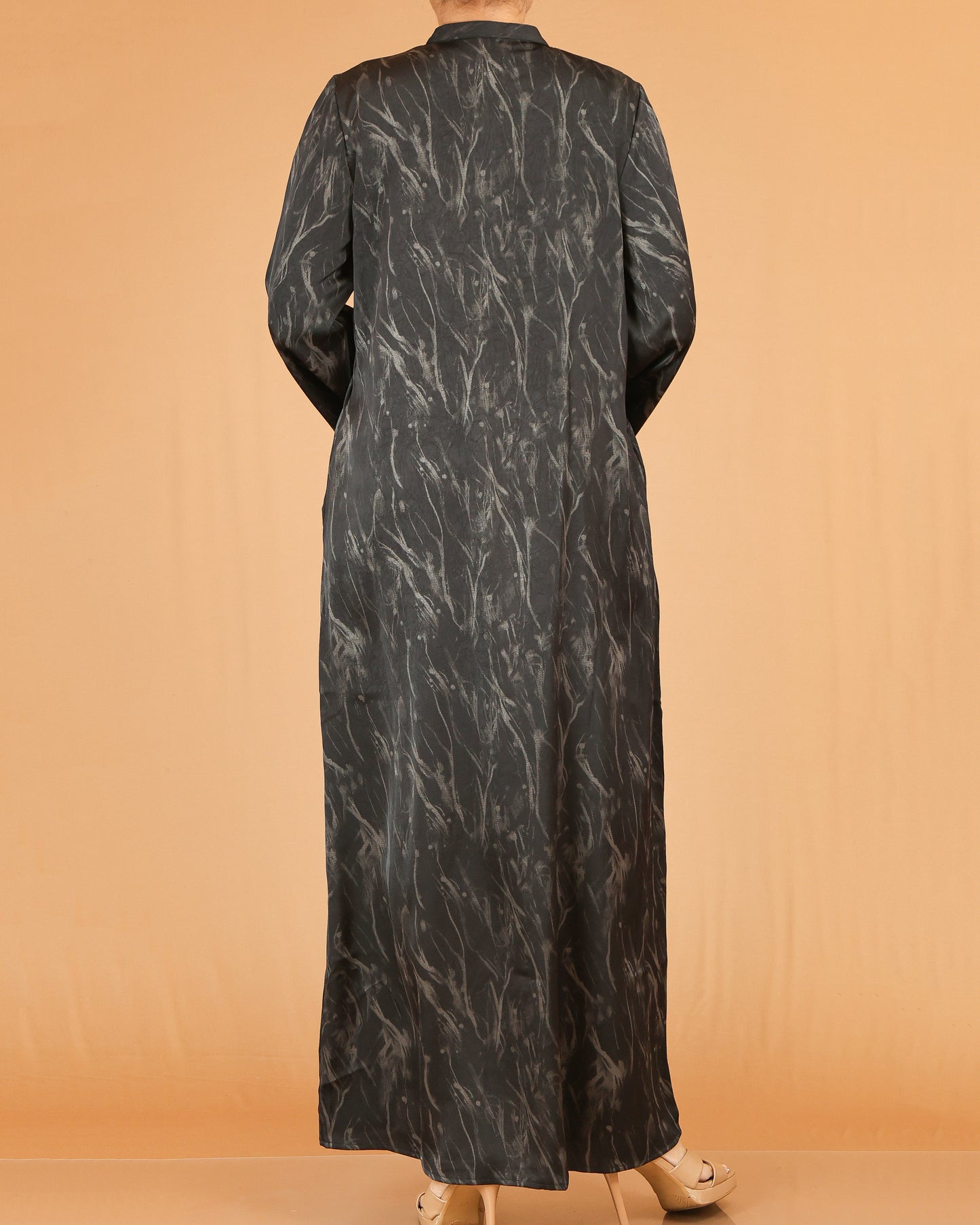 Black Marble Print Abaya Maxi with Front Button Detail
