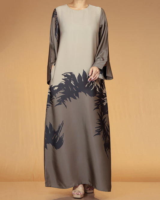 Taupe & Charcoal Abstract Print Long Maxi Dress