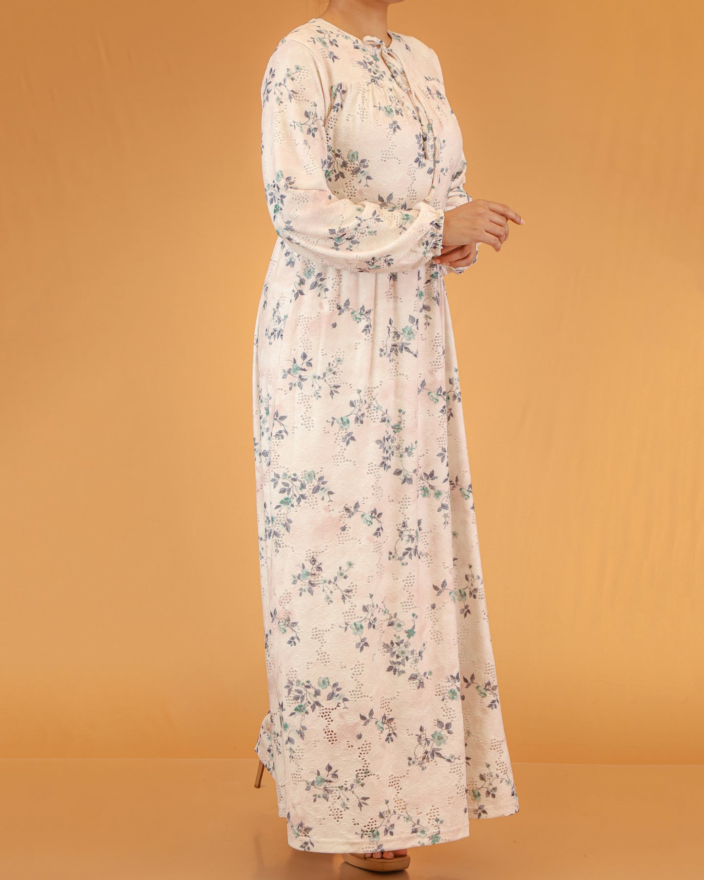 Soft Peach Blue Floral Lace Abaya Maxi Dress