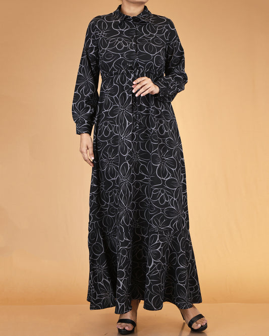 Black Floral Line Print Abaya Maxi Dress
