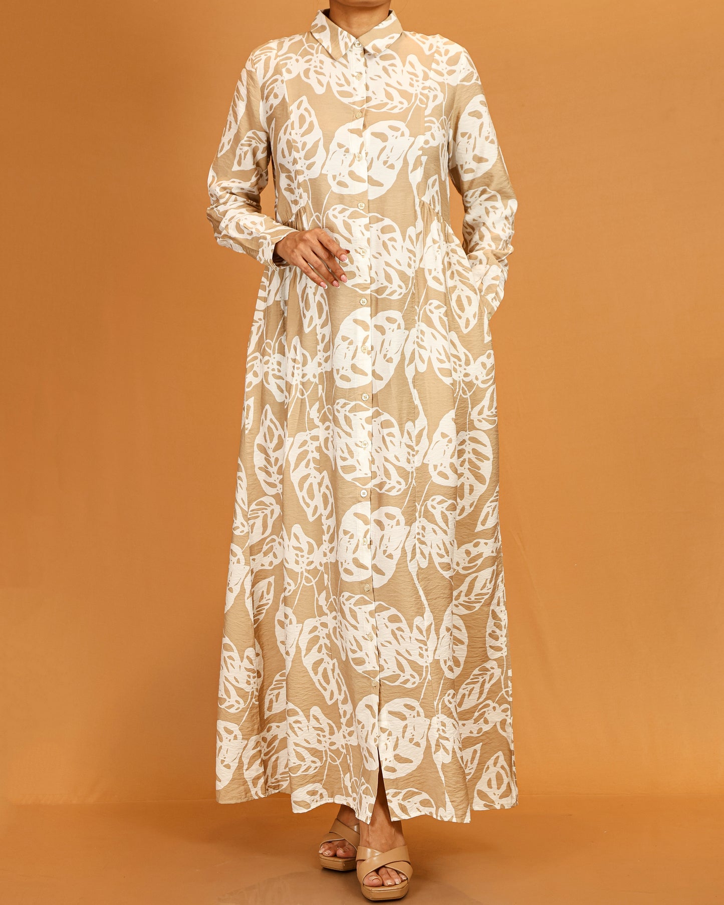 Aaliyah Beige Leaf Print Button-Down Dress