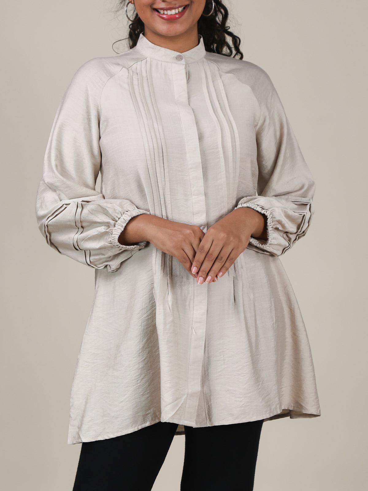 Aveline Soft Taupe Pleated Mandarin Top