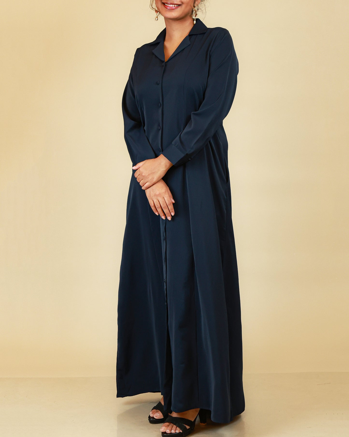 Elara Button Front Abaya in Midnight Navy