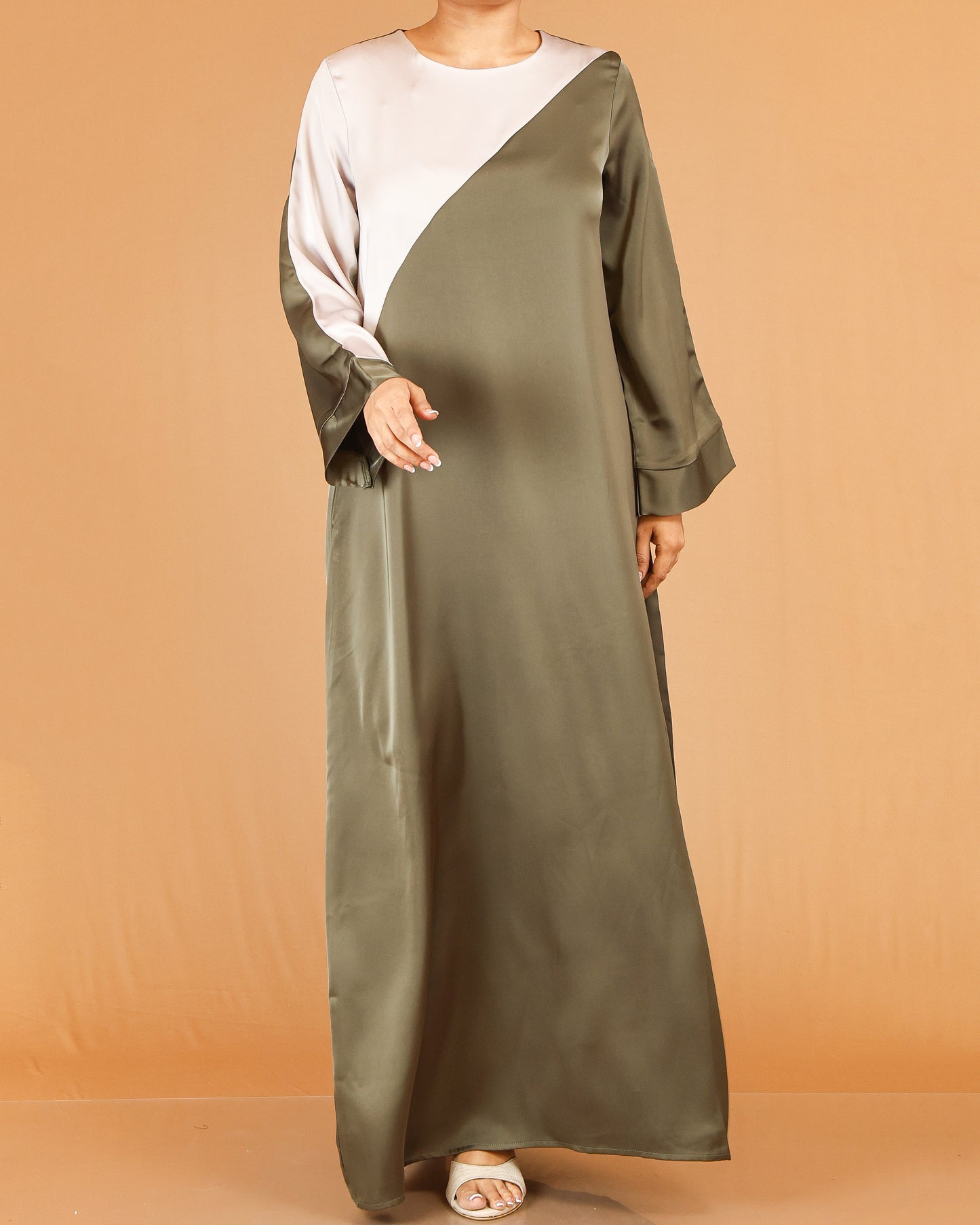Olive Green & Ivory Asymmetric Panel Abaya with Flowy Sleeve Detail