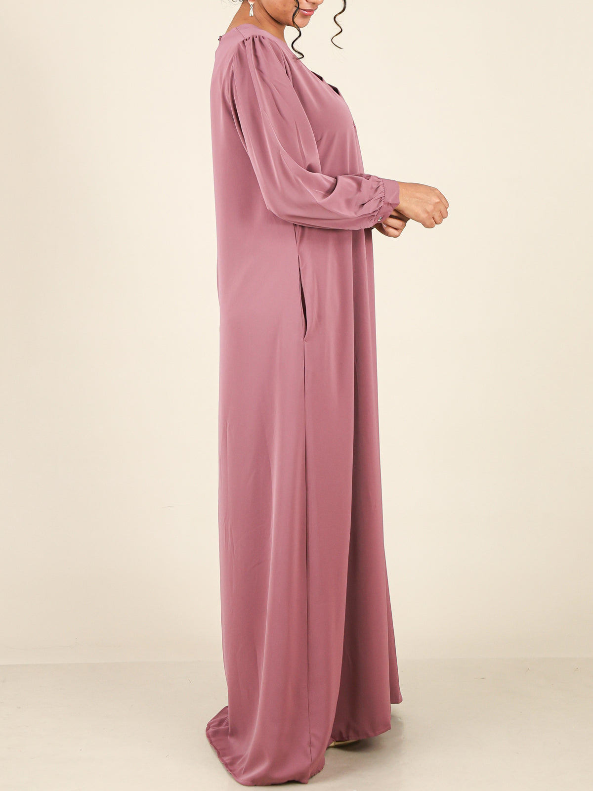 Roselle Dusty Rose Pleated V Neck Abaya