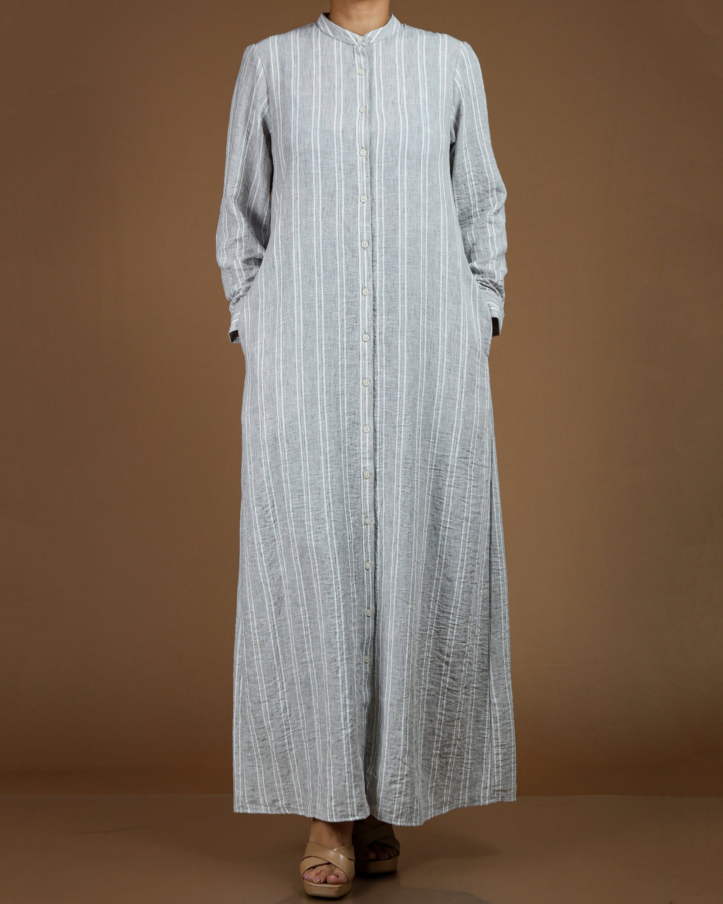 Classic Striped Linen-Cotton Maxi Shirt Dress