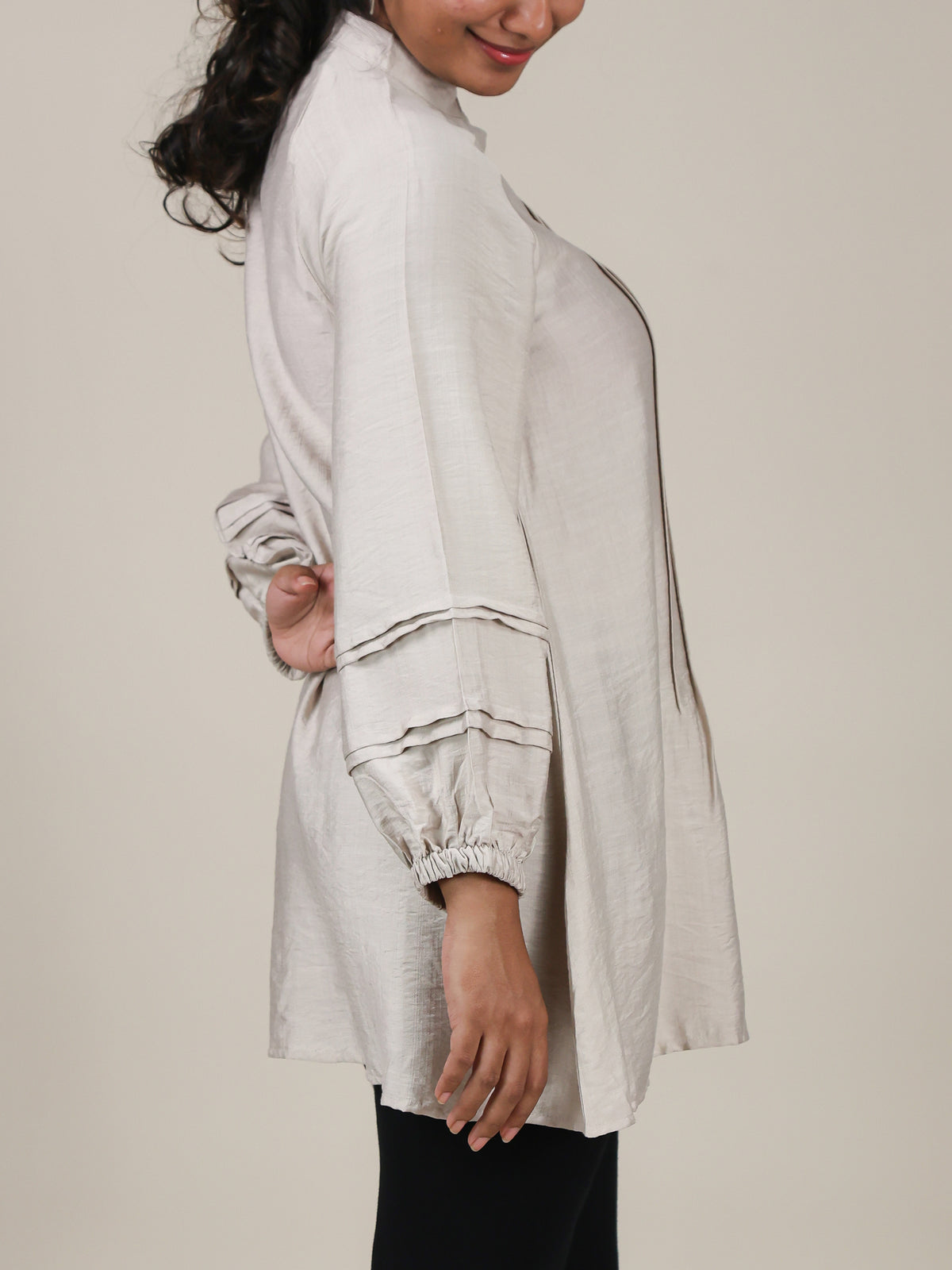 Aveline Soft Taupe Pleated Mandarin Top