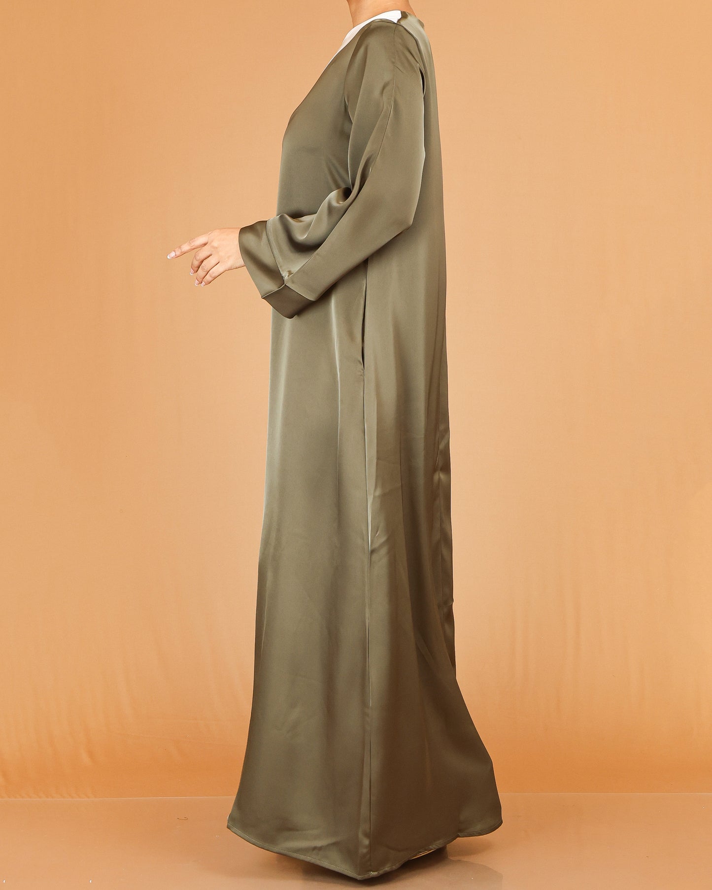 Olive Green & Ivory Asymmetric Panel Abaya with Flowy Sleeve Detail
