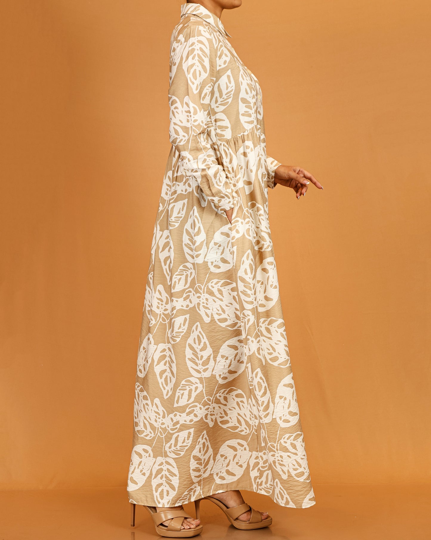 Aaliyah Beige Leaf Print Button-Down Dress