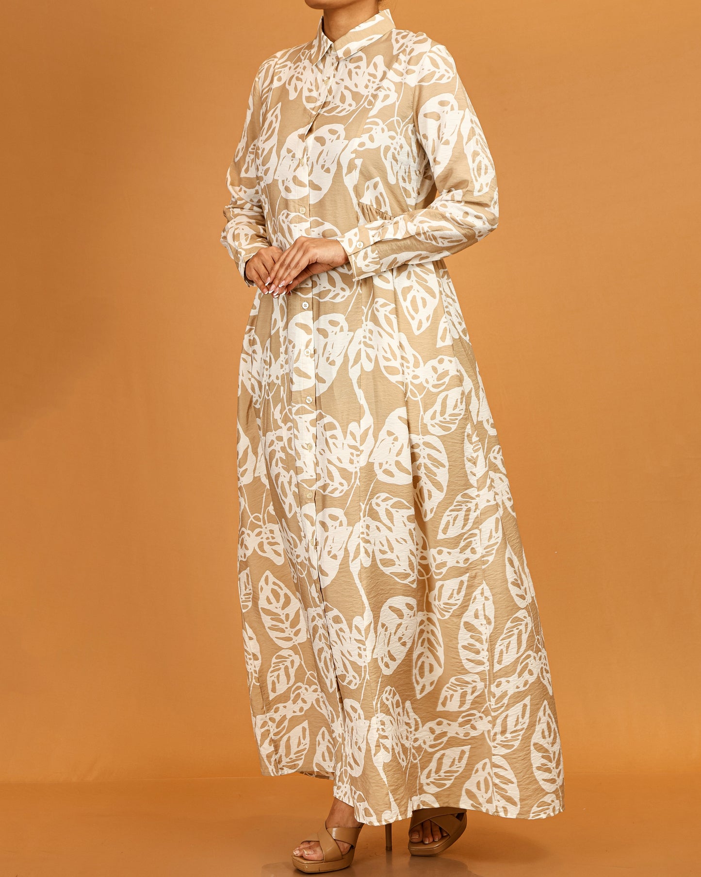 Aaliyah Beige Leaf Print Button-Down Dress