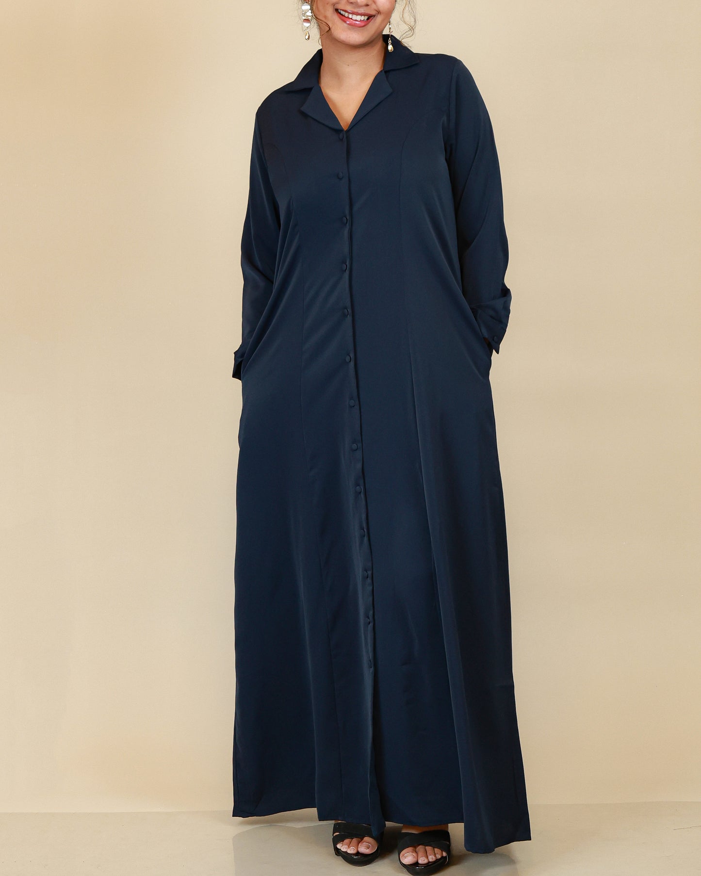 Elara Button Front Abaya in Midnight Navy