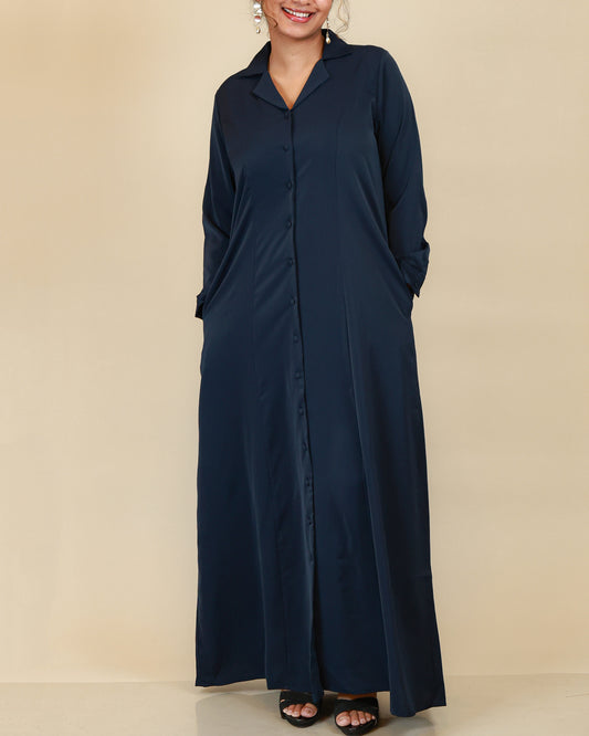 Elara Button Front Abaya in Midnight Navy