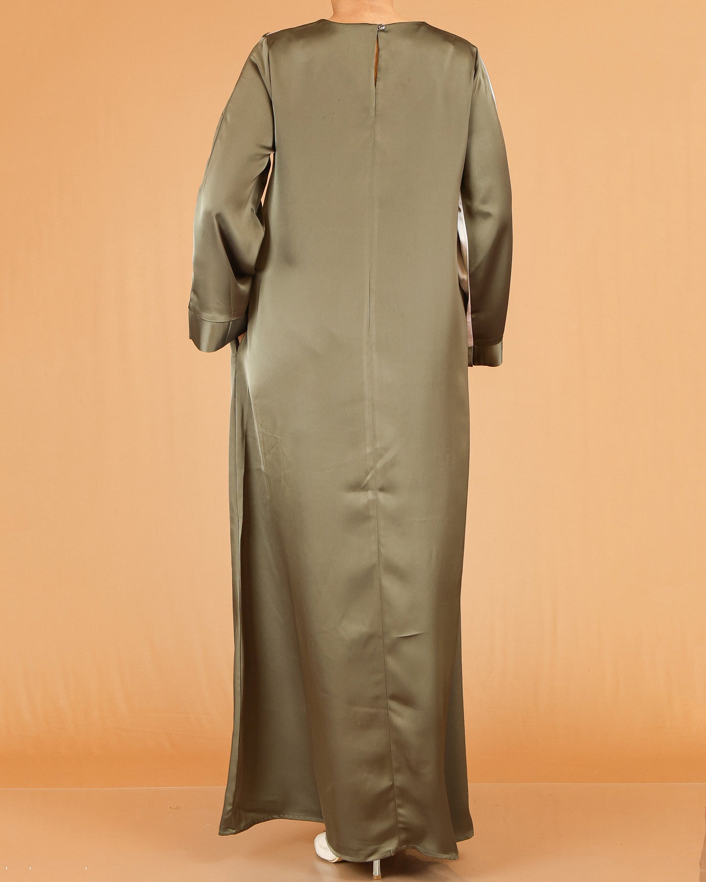 Olive Green & Ivory Asymmetric Panel Abaya with Flowy Sleeve Detail