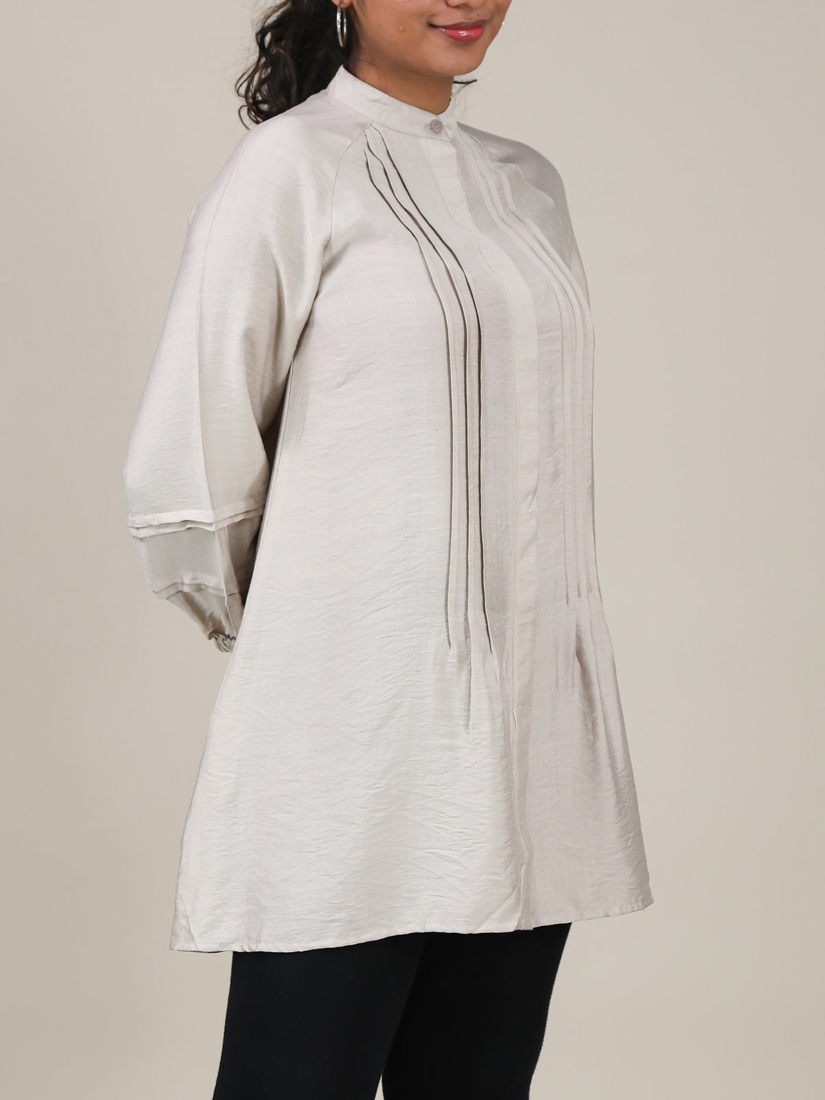 Aveline Soft Taupe Pleated Mandarin Top