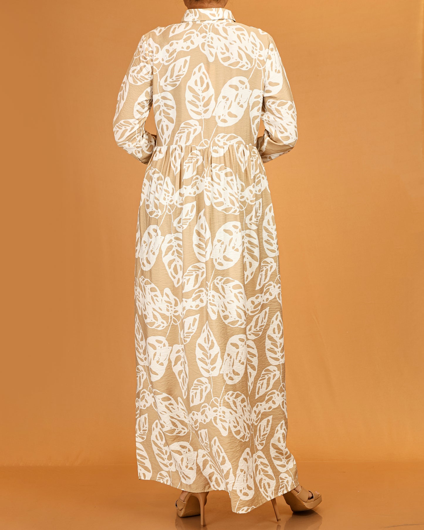 Aaliyah Beige Leaf Print Button-Down Dress