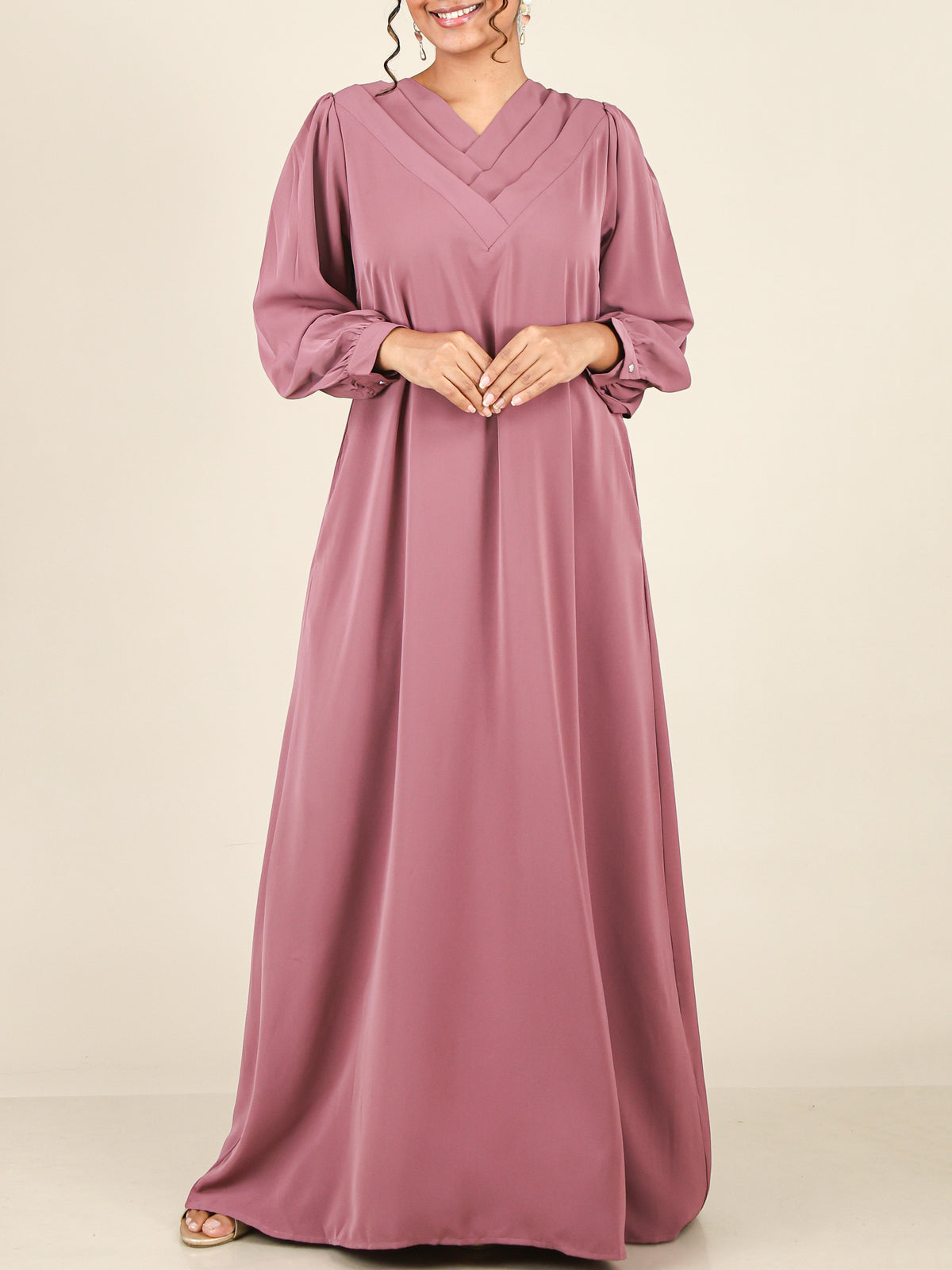 Roselle Dusty Rose Pleated V Neck Abaya
