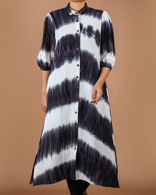 Hand-Dyed Teal & White Midi Shirt Dress
