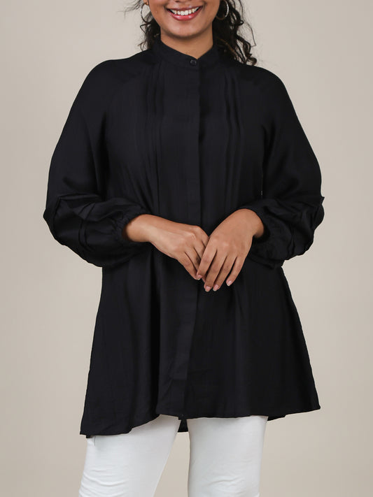 Aveline Black Pleated Mandarin Top