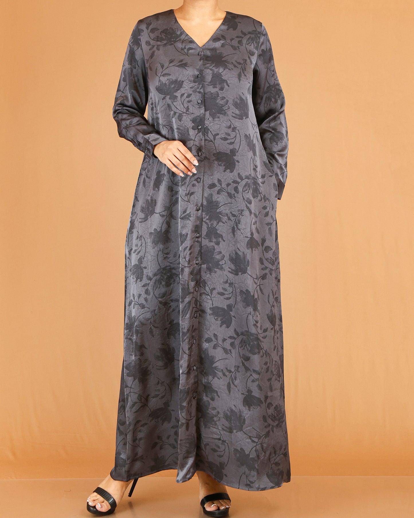 Charcoal Floral Print Abaya Maxi with V-Neckline