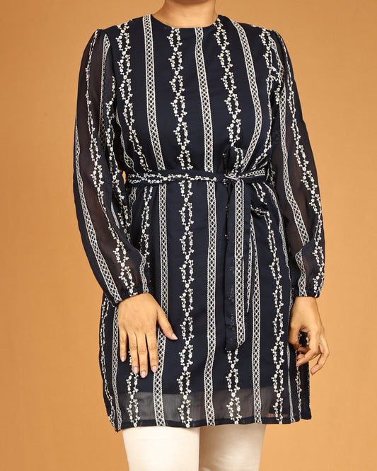 Midnight Onyx Embroidered Midi with Waist Tie Belt