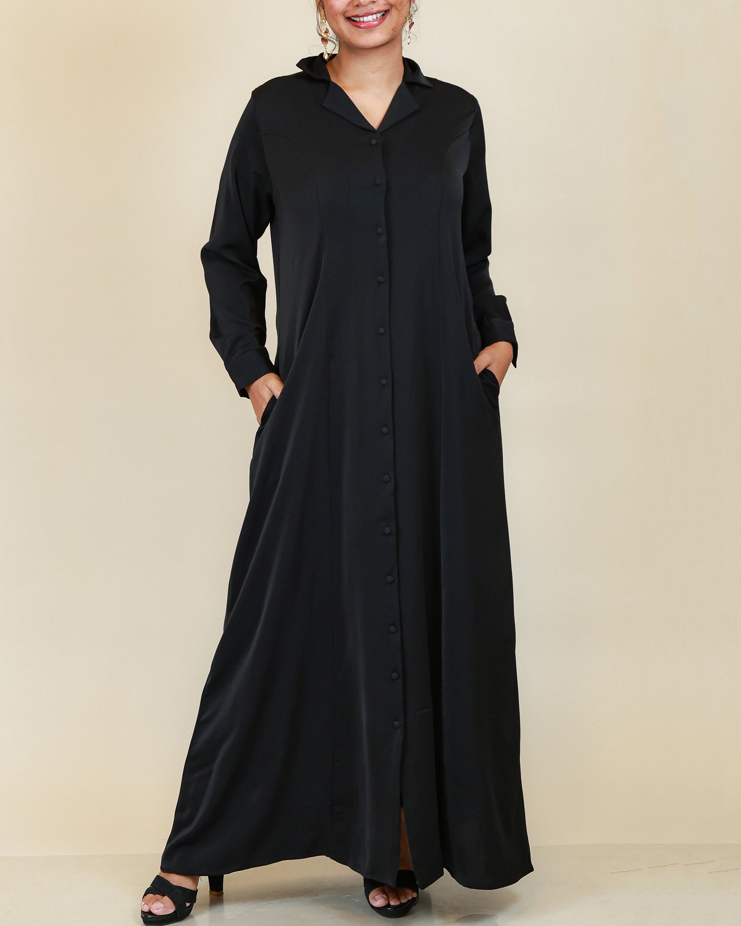 Elara Button Front Abaya in Classic Black