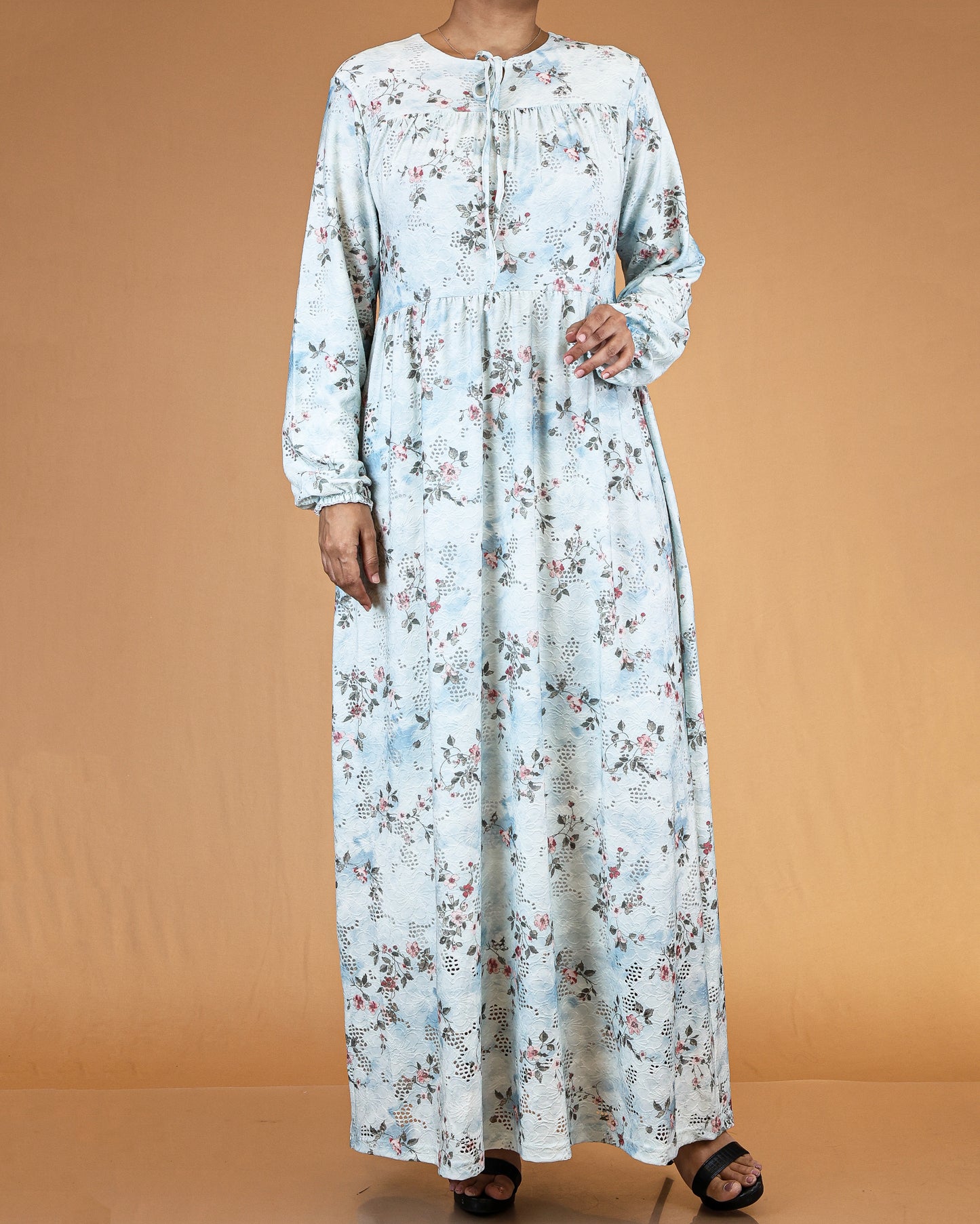 Pastel Blue Floral Lace Abaya Maxi Dress
